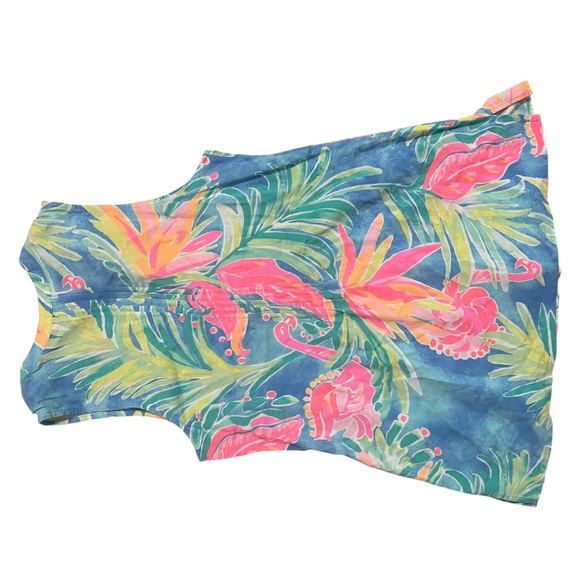 Lilly Pulitzer Sleeveless Floral and Flamingo Print Shell in Blue and Pink - Picture 3 of 9